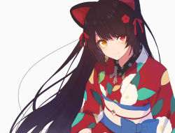 Rule 34 | 1girl, absurdres, alternate costume, alternate hairstyle, animal ears, black hair, blush, breasts, closed mouth, commentary, dog ears, floral print, flower, grey background, hair flower, hair ornament, hair ribbon, heterochromia, highres, inui toko, japanese clothes, kimono, long hair, looking at viewer, nijisanji, obi, red eyes, red kimono, ribbon, sash, simple background, small breasts, smile, solo, straight hair, talunilu uu3, upper body, virtual youtuber, yellow eyes