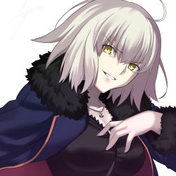 Rule 34 | 1girl, ahoge, ashiwara yuu, black dress, blue jacket, breasts, brown eyes, dress, fate/grand order, fate (series), fingernails, fur-trimmed jacket, fur trim, grey hair, hair between eyes, hand up, head tilt, jacket, jeanne d&#039;arc (fate), jeanne d&#039;arc alter (fate), jeanne d&#039;arc alter (ver. shinjuku 1999) (fate), jewelry, looking at viewer, medium breasts, official alternate costume, official style, open clothes, open jacket, parted lips, pendant, simple background, solo, upper body, v-shaped eyebrows, white background, wicked dragon witch ver. shinjuku 1999