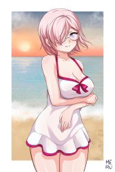 Rule 34 | 1girl, beach, breasts, fate/grand order, fate (series), female focus, glasses, highres, large breasts, mash kyrielight, mash kyrielight (swimsuit of perpetual summer), meru rumi, official alternate costume, pink hair, purple eyes, short hair, solo