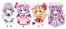 Rule 34 | 4girls, apron, ascot, bad id, bad pixiv id, bat wings, blonde hair, bow, chibi, crescent, crescent hair ornament, dress, flandre scarlet, frilled dress, frilled sleeves, frills, hair ornament, hat, hat bow, izayoi sakuya, knife, laevatein, light purple hair, long sleeves, maid apron, maid headdress, mayo (miyusa), mob cap, multiple girls, one eye closed, patchouli knowledge, philosopher&#039;s stone, purple eyes, purple hair, red eyes, remilia scarlet, sash, shoes, short sleeves, side ponytail, silver hair, socks, touhou, white background, wide sleeves, wings