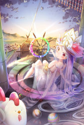Rule 34 | 1girl, :o, absurdly long hair, absurdres, aircraft, airship, angel, ball, bamboo, bare shoulders, barefoot, binoculars, bird, chicken, cloud, cloudy sky, dress, eyelashes, feathered wings, from behind, gradient hair, hand on leg, hat, hat feather, heterochromia, highres, leaf, long hair, looking at viewer, looking back, midair, mountain, multicolored hair, negimapurinn, open mouth, original, outdoors, purple hair, red eyes, rooster, ship, ship&#039;s wheel, shoulder blades, sitting, sky, solo, steering wheel, strapless, strapless dress, sunlight, sunset, swept bangs, tail, toy, twisted neck, very long hair, watercraft, white dress, white hair, white hat, white wings, wings, yellow eyes