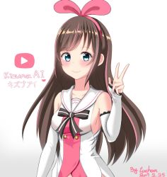 Rule 34 | 1girl, arm up, arm warmers, armpits, bare shoulders, blue eyes, blush, boots, bow, breasts, brown hair, collarbone, hair bow, hairband, kizuna ai, kizuna ai inc., lace, lace-trimmed legwear, lace trim, long hair, looking at viewer, medium breasts, navel, official art, open mouth, outstretched arm, outstretched hand, pink bow, pink hairband, ribbon, sailor collar, simple background, smile, solo, swept bangs, thigh boots, thighhighs, vest, white vest