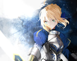 Rule 34 | 1girl, ahoge, armor, artoria pendragon (all), artoria pendragon (fate), blonde hair, blue bow, bow, braid, breastplate, excalibur (fate/stay night), fate/stay night, fate (series), french braid, gauntlets, green eyes, hair bow, juliet sleeves, long sleeves, meow (cindy738), puffy sleeves, saber (fate), solo, upper body