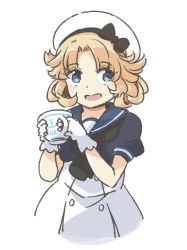 Rule 34 | 1girl, astcd2, black neckwear, blonde hair, blue eyes, blue sailor collar, commentary request, cowboy shot, cup, dress, gloves, hat, janus (kancolle), kantai collection, looking at viewer, open mouth, parted bangs, sailor collar, sailor dress, sailor hat, short hair, short sleeves, simple background, solo, teacup, white background, white dress, white gloves, white hat