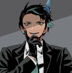 Rule 34 | 1boy, :d, aragami oga, black gloves, black hair, black jacket, blouse, collared shirt, dark-skinned male, dark skin, dog tags, earrings, gloves, green eyes, green hair, green necktie, grey background, hand on own chin, highres, holostars, horn ornament, horns, ice horns, jacket, jewelry, looking at viewer, male focus, mioto (tsubsq m), multicolored hair, necktie, official alternate costume, open mouth, shade, sharp teeth, shirt, short hair, simple background, single earring, single horn, smile, solo, straight-on, streaked hair, teeth, upper body, virtual youtuber, white shirt