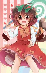 Rule 34 | 1girl, :d, ahoge, animal ears, bow, bowtie, brown hair, cat ears, cat tail, chen, dress, earrings, feet out of frame, gold trim, hanabi (karintou15), hand up, hat, highres, holding, holding test tube, jewelry, mob cap, multiple tails, nekomata, open mouth, orange bow, orange bowtie, red dress, red eyes, simple background, single earring, smile, solo, tail, tail bow, tail ornament, test tube, touhou, two tails