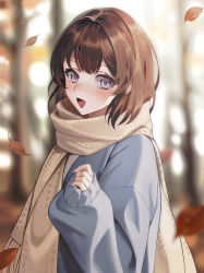Rule 34 | 1girl, :d, absurdres, autumn leaves, blue sweater, blurry, blurry background, blush, brown hair, chungla, commentary, day, depth of field, eyebrows hidden by hair, falling leaves, highres, leaf, long sleeves, looking at viewer, open mouth, original, outdoors, puffy long sleeves, puffy sleeves, purple eyes, scarf, short hair, smile, solo, sweater, symbol-only commentary, upper body, yellow scarf