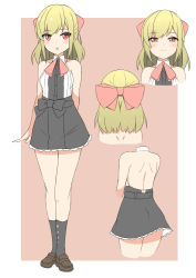 Rule 34 | 1girl, backless outfit, bare shoulders, black bow, black skirt, blonde hair, blush, bow, breasts, character request, character sheet, closed mouth, collared shirt, dress shirt, hair bow, hekomii, long hair, medium breasts, multiple views, original, pleated skirt, red bow, red eyes, shirt, shoulder blades, skirt, sleeveless, sleeveless shirt, virtual youtuber, white shirt, window