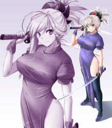 Rule 34 | 1girl, absurdres, asymmetrical bangs, black thighhighs, blue eyes, blush, breasts, china dress, chinese clothes, closed mouth, dress, dual wielding, fate/grand order, fate (series), grey hair, hand up, highres, hip focus, holding, holding sword, holding weapon, katana, large breasts, looking at viewer, miyamoto musashi (fate), nori tamago, pelvic curtain, ponytail, short sleeves, sidelocks, smile, solo, standing, sword, thighhighs, thighs, weapon, zoom layer