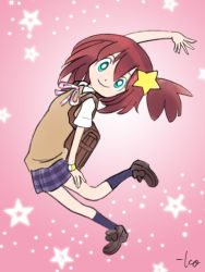 Rule 34 | 10s, 1girl, backpack, bag, black legwear, blue eyes, brown hair, checkered clothes, checkered skirt, commentary, gradient background, hair ornament, leaning back, leg up, loafers, looking at viewer, luluco, outstretched arm, pleated skirt, school uniform, shoes, side ponytail, signature, simple background, skirt, smile, solo, star (symbol), star hair ornament, takeuchi kou, uchuu patrol luluco
