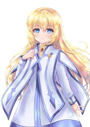 Rule 34 | 1girl, blonde hair, blue eyes, blush, choker, closed mouth, coat, colette brunel, cowboy shot, inumaru75707951, long hair, looking at viewer, simple background, smile, solo, standing, tales of (series), tales of symphonia, white background, white coat, yellow choker