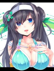 Rule 34 | 1girl, armlet, bad id, bad pixiv id, black hair, blue eyes, blush, breasts, cleavage, collarbone, dabadhi, double bun, flower, hair flower, hair ornament, hair over one eye, hairband, hand on own chest, highres, large breasts, letterboxed, long hair, looking at viewer, open mouth, rinne (sennen sensou aigis), sennen sensou aigis, solo, upper body