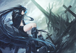 Rule 34 | 1girl, absurdly long hair, absurdres, azomo, black footwear, black gloves, black hair, black jacket, black rock shooter, black rock shooter (character), black shorts, blue eyes, boots, closed mouth, cloud, cloudy sky, commentary request, cross, flaming eye, floating hair, gloves, hair between eyes, high heel boots, high heels, highres, hood, hood down, hooded jacket, jacket, latin cross, long hair, looking at viewer, open clothes, open jacket, outdoors, overcast, short shorts, shorts, sitting, sky, solo, very long hair