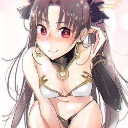 Rule 34 | 1girl, adjusting hair, alcoholrang, asymmetrical clothes, bare arms, bare shoulders, black gloves, black hair, black panties, black ribbon, blush, breasts, bridal gauntlets, chromatic aberration, cleavage, collar, detached sleeves, earrings, elbow gloves, fate/grand order, fate (series), female focus, gloves, hair ribbon, hoop earrings, ishtar (fate), ishtar (fate), jewelry, leaning, leaning forward, long hair, looking at viewer, medium breasts, midriff, navel, panties, red eyes, revealing clothes, ribbon, simple background, single elbow glove, single glove, smile, solo, strapless, tohsaka rin, two side up, type-moon, underwear, very long hair, white background