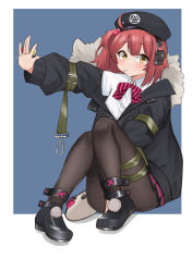 Rule 34 | 1girl, absurdres, ahoge, beret, blush, candy, collared shirt, dress shirt, food, girls&#039; frontline, hat, headset, highres, lollipop, mp7 (girls&#039; frontline), pantyhose, pepsi2330, pleated skirt, pom pom (clothes), red hair, shirt, skirt, solo, thigh strap, yellow eyes