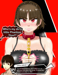 Rule 34 | aged up, angry, bdsm, black bra, blush, bondage, bondage cuffs, bound, bra, braid, breasts, brown hair, cat keyhole bra, cat lingerie, chain, cleavage, cleavage cutout, clenched teeth, clothing cutout, collar, collarbone, crown braid, cuffs, dialogue box, disgust, earrings, eddarxart, english text, furrowed brow, gold chain, handcuffed, handcuffs, headband, husband and wife, jewelry, keyhole, keyhole bra, large breasts, lighting bolt, looking at viewer, meme attire, motion lines, muscular, muscular arms, muscular female, niijima makoto, official art, persona, persona 5, persona 5 the royal, pet, pet play, phantom thief, police, police uniform, policewoman, portrait, red background, red collar, red eyes, roleplay, short hair, steam, steaming body, sweat, sweatdrop, talking, teeth, tomboy, underwear, uniform, very short hair, visual novel
