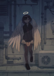Rule 34 | 1girl, against wall, air conditioner, alley, angel wings, black pantyhose, feathered wings, hair ornament, hairclip, halo, highres, higuchi madoka, idolmaster, idolmaster shiny colors, industrial pipe, loafers, mole, mole under eye, nonaprev, outdoors, own hands together, pantyhose, plaid, plaid skirt, pleated skirt, shoes, short hair, skirt, solo, standing, sweater, white wings, wings