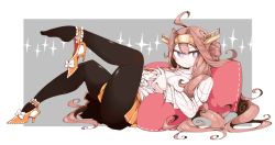 Rule 34 | &gt;:3, 10s, 1girl, :3, ahoge, alternate costume, black pantyhose, blue eyes, bow, brown hair, cup, footwear bow, full body, grey background, headgear, high heels, kantai collection, kongou (kancolle), leg up, long hair, looking at viewer, lying, mato tsuyoi, pantyhose, pillow, plantar flexion, pleated skirt, reclining, ribbed sweater, shoe dangle, shoes, skirt, solo, sweater, teacup, thick thighs, thighs, v-shaped eyebrows