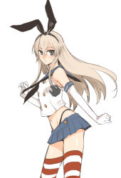 Rule 34 | 10s, 1girl, anchor, anchor hair ornament, black panties, blonde hair, buttons, commentary request, crop top, elbow gloves, from side, gloves, grey eyes, hair between eyes, hair ornament, hairband, highleg, highleg panties, kantai collection, long hair, looking at viewer, miniskirt, navel, panties, school uniform, serafuku, shimakaze (kancolle), simple background, skirt, solo, striped clothes, striped thighhighs, thighhighs, underwear, white background, white gloves, zettai ryouiki, zoosama