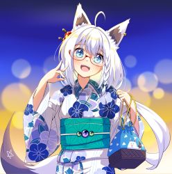 Rule 34 | 1girl, absurdres, ahoge, animal ear fluff, animal ears, bag, blurry, blurry background, blush, braid, commentary request, earrings, fox ears, fox girl, fox shadow puppet, fox tail, fubuzilla (shirakami fubuki), glasses, green eyes, hair between eyes, hair ornament, highres, holding, holding bag, hololive, japanese clothes, jewelry, kimono, long hair, looking at viewer, murasame (sword of nmkr), obi, open mouth, pentagram, pouch, resolution mismatch, sash, shirakami fubuki, sidelocks, simple background, single braid, solo, source smaller, tail, virtual youtuber, white hair, white kimono