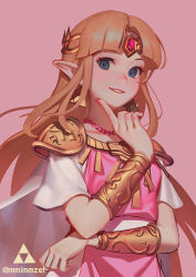 Rule 34 | 1girl, armor, blonde hair, blue eyes, bracer, braid, circlet, earrings, finger to cheek, fingernails, green eyes, jewelry, long fingernails, long hair, looking at viewer, mimme (haenakk7), nail polish, nintendo, parted bangs, parted lips, pauldrons, pink background, pink nails, pointy ears, princess zelda, short sleeves, shoulder armor, simple background, smile, solo, super smash bros., the legend of zelda, the legend of zelda: a link between worlds, tiara, tunic, twin braids, upper body