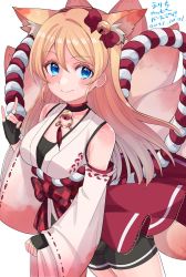Rule 34 | 1girl, alternate hairstyle, animal ears, artist name, artist request, ayase eli, bare shoulders, bell, black gloves, black pants, black shorts, blonde hair, blue eyes, blush, bow, breasts, checkered bow, checkered clothes, choker, collarbone, detached sleeves, female focus, fingerless gloves, fox ears, fox tail, gloves, hair between eyes, hair bow, hairband, japanese clothes, kimono, long hair, long sleeves, looking at viewer, love live!, love live! school idol festival, love live! school idol project, medium breasts, multiple tails, neck bell, obi, pants, parted lips, ponytail, red bow, red hairband, rope, sash, shimenawa, short shorts, shorts, smile, solo, tail, vcream unknow, white background, white kimono, wide sleeves