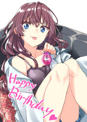 Rule 34 | 1girl, :3, ahoge, bad id, bad pixiv id, black camisole, blue eyes, blue shorts, blush, bottle, breasts, brown hair, camisole, collarbone, couch, happy birthday, highres, ichinose shiki, idolmaster, idolmaster cinderella girls, knees up, lab coat, long hair, looking at viewer, medium breasts, perfume bottle, pillow, rusk (canvas4ban), shorts, simple background, sitting, smile, solo, thighs, tongue, tongue out, wavy hair, white background