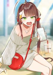 Rule 34 | 1girl, absurdres, ahoge, aran sweater, bag, bare shoulders, blurry, blurry background, blush, brown hair, cable knit, cellphone, collarbone, commentary request, cup, depth of field, disposable cup, dress, drinking straw, fang, green eyes, grey sweater, hair ornament, hair scrunchie, highres, holding, holding phone, jewelry, long hair, long sleeves, looking at viewer, low twintails, moe2020, necklace, off-shoulder sweater, off shoulder, omucchan (omutyuan), open mouth, original, phone, puffy long sleeves, puffy sleeves, red scrunchie, scrunchie, shoulder bag, sleeves past wrists, solo, sweater, sweater dress, twintails, v-shaped eyebrows, very long hair