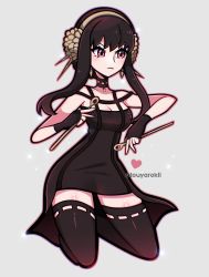 Rule 34 | 1girl, artist name, bare shoulders, black dress, black gloves, black hair, black thighhighs, breasts, cleavage, closed mouth, commentary, dagger, dress, earrings, full body, gloves, gold hairband, hair ornament, hairband, heart, highres, holding, holding dagger, holding knife, holding weapon, jewelry, knife, red eyes, sidelocks, simple background, solo, spy x family, stiletto (weapon), thighhighs, touyarokii, twitter username, watermark, weapon, white background, yor briar