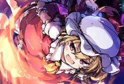 Rule 34 | 1girl, :d, ascot, blonde hair, commentary, fang, flandre scarlet, hat, isu (is88), looking at viewer, mob cap, open mouth, red eyes, short hair, short sleeves, smile, solo, touhou, white hat, wrist cuffs, yellow ascot