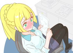 1girl alternate_costume blonde_hair blush braid buttons chair closed_mouth collared_shirt commentary_request creatures_(company) desk eyelashes game_freak green_eyes grey_skirt highres holding holding_paper knees_together_feet_apart lillie_(pokemon) long_hair nintendo office_chair pantyhose paper pokemon pokemon_sm ponytail shirokumaru_(yafm7388) shirt shoes sitting skirt sleeves_rolled_up solo sweat swivel_chair trembling white_shirt