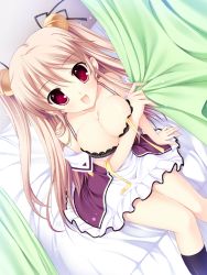 Rule 34 | 1girl, :d, baldr sky, bed, bra, breasts, cleavage, curtain grab, curtains, dutch angle, large breasts, legs together, lingerie, minazuki sora, mitha, open mouth, pink hair, red eyes, ribbon, school, smile, solo, thighhighs, twintails, underwear, uniform