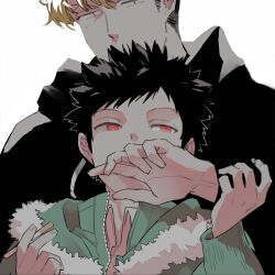 Rule 34 | 2boys, black hair, black hoodie, blonde hair, cigarette, couple, covered mouth, covering another&#039;s mouth, drawstring, fur-trimmed jacket, fur trim, hand over another&#039;s mouth, hand up, hands up, height difference, highres, holding, holding cigarette, hood, hood down, hoodie, jacket, kazama souya, kiss, kissing hand, kzmsnmjkk, long sleeves, looking ahead, male focus, multiple boys, pants, portrait, red eyes, short hair, simple background, suwa koutarou, undercut, white background, world trigger, yaoi