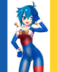 Rule 34 | 1990s (style), 1girl, allenby beardsley, antenna hair, bad id, bad pixiv id, blue bodysuit, blue eyes, blue hair, bodysuit, bow, breasts, g gundam, gundam, hand on own hip, hip focus, matching hair/eyes, mobile trace suit, multicolored clothes, one eye closed, open mouth, retro artstyle, rondo bell, shirt, short hair, solo, taut clothes, taut shirt, wink, yellow bow