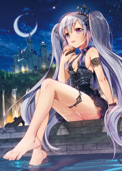 Rule 34 | 1girl, armlet, bare shoulders, barefoot, breasts, castle, cleavage, crepe, crescent moon, crown, cupcake, dress, feet, food, legs, long hair, mini crown, moon, murakami yuichi, night, original, purple eyes, shoes, unworn shoes, sideboob, silver hair, small breasts, soaking feet, solo, thighlet, thighs, toes, tongue, tongue out, twintails, underboob, very long hair, wading, wet