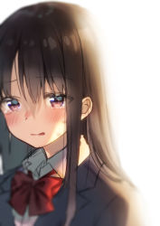 Rule 34 | 1girl, backlighting, black jacket, blazer, blurry, blush, bow, bowtie, brown hair, collared shirt, commentary request, crying, crying with eyes open, hair between eyes, jacket, long hair, looking away, midorikawa you, original, parted lips, red bow, red bowtie, red eyes, school uniform, shirt, sidelocks, simple background, sketch, solo, tears, upper body, white background, white shirt