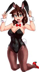Rule 34 | 1girl, :d, amano megumi, amano megumi wa suki darake!, animal ears, bare shoulders, black leotard, blush, bow, bowtie, breasts, bright pupils, brown hair, bunny day, cleavage, commentary request, fake animal ears, fang, fishnet pantyhose, fishnets, green eyes, hair between eyes, high heels, highres, kneeling, large breasts, leotard, looking at viewer, medium hair, nekoguchi, official art, open mouth, pantyhose, playboy bunny, rabbit ears, rabbit girl, rabbit tail, red bow, red bowtie, red footwear, simple background, smile, solo, tail, white background, wrist cuffs