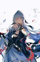 Rule 34 | 1girl, bare shoulders, black gloves, cleavage cutout, closed mouth, clothing cutout, detached sleeves, dichlorvos, expressionless, falling petals, gloves, highres, honkai: star rail, honkai (series), jingliu (honkai: star rail), long hair, long sleeves, looking at viewer, petals, ponytail, red eyes, skirt, solo, upper body, white background, white hair, white skirt
