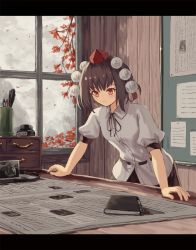 Rule 34 | autumn leaves, bad id, bad pixiv id, black ribbon, black skirt, board, branch, brown hair, bunbunmaru, camera, cloud, collared shirt, drawer, hat, highres, indoors, ink, ink bottle, letterboxed, light blush, mountain, newspaper, notebook, ookashippo, paper, pen, pom pom (clothes), puffy short sleeves, puffy sleeves, quill, red eyes, ribbon, shameimaru aya, shirt, short hair, short sleeves, skirt, smile, solo, table, tokin hat, touhou, white shirt, window, wooden wall