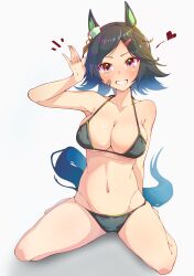 Rule 34 | 1girl, absurdres, animal ears, bandaid, bandaid on cheek, bandaid on face, bare shoulders, bikini, black bikini, black hair, breasts, cleavage, collarbone, commentary request, ear ornament, full body, grin, hair ornament, hairclip, hand up, heart, highres, horse ears, horse girl, horse tail, kinunezu (taishin 315), large breasts, looking at viewer, navel, parted bangs, red eyes, shadow, short hair, sidelocks, simple background, sitting, smile, solo, stomach, swimsuit, tail, teeth, umamusume, wariza, white background, winning ticket (umamusume)