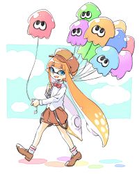 Rule 34 | 1girl, balloon, blue eyes, blush stickers, cloud, comamawa, fangs, full body, happy, hat, highres, inkling, inkling girl, inkling player character, looking at viewer, monster girl, nintendo, open mouth, orange hair, outside border, pointy ears, sharp teeth, shoes, simple background, sky, socks, solo, splatoon (series), splatoon 2, squid, teeth, tentacle hair, walking