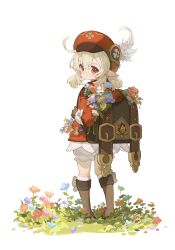 Rule 34 | 1girl, 57friend, absurdres, ahoge, backpack, bag, blonde hair, bloomers, blue flower, boots, brown bag, brown footwear, brown gloves, chinese commentary, commentary request, dated, dress, flower, from behind, full body, genshin impact, gloves, grass, hair between eyes, hat, hat feather, highres, klee (genshin impact), long sleeves, looking at viewer, looking back, low twintails, medium hair, no mouth, pink flower, pointy ears, purple flower, red dress, red eyes, red flower, red hat, revision, sidelocks, simple background, solo, standing, twintails, underwear, vision (genshin impact), white background, white flower, yellow flower