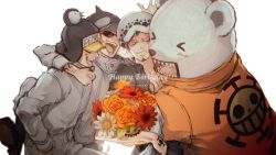 Rule 34 | &gt; &lt;, :d, akazu kieshi, animal hat, arm over shoulder, bear, bepo, black hair, bouquet, dated, facial hair, flower, fur hat, goatee, group hug, happy birthday, hat, hat over eyes, highres, hug, one piece, open mouth, penguin (one piece), polar bear, shachi (one piece), short hair, simple background, sleeves rolled up, smile, sunglasses, trafalgar law, white background, yellow eyes