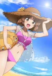 Rule 34 | 10s, 1girl, adjusting clothes, adjusting headwear, animal print, artist name, bandages, bandaid, beach, bear print, bikini, blue sky, boko (girls und panzer), breasts, brown eyes, brown hair, brown hat, cleavage, cloud, cloudy sky, commentary, cowboy shot, day, flower, frilled bikini, frills, girls und panzer, hat, hat flower, hat ribbon, holding, innertube, jewelry, kanau, looking at viewer, medium breasts, necklace, nishizumi miho, ocean, open mouth, pink bikini, ribbon, see-through, shirt, short hair, short sleeves, signature, sky, smile, solo, standing, straw hat, stuffed animal, stuffed toy, sun, sun hat, swim ring, swimsuit, teddy bear, whistle, white shirt