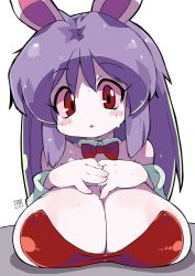 Rule 34 | 1girl, absurdres, animal ears, bow, bowtie, breast suppress, breasts, cleavage, furry, furry female, hands up, highres, huge breasts, looking at viewer, no nose, original, own hands together, parted lips, purple hair, rabbit ears, rabbit girl, red bow, red bowtie, red eyes, signature, simple background, solo, sweat, white background, zankuro