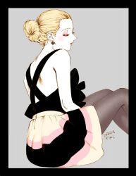Rule 34 | 1girl, back, black border, blonde hair, border, closed eyes, commentary, dated, earrings, emma (veil), eyelashes, eyeshadow, from below, grey background, hair bun, jewelry, kotteri, lone nape hair, makeup, multicolored clothes, multicolored skirt, pantyhose, pink eyeshadow, pink lips, profile, simple background, skirt, solo, veil (manga)