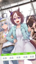 Rule 34 | 3girls, ahoge, animal ears, aqua jacket, belt, blue eyes, bow, braid, brown belt, brown coat, brown hair, brown hairband, casual, coat, collarbone, commentary, cowboy shot, crossed arms, denim, dress, dutch angle, ear bow, ear ornament, ears down, french braid, grey hair, hair between eyes, hair over one eye, hairband, hand on own hip, highres, horse ears, horse girl, horse tail, jacket, jeans, jitome, light brown hair, long hair, long sleeves, looking at viewer, merxkialis, multicolored hair, multiple girls, no mouth, official alternate costume, oguri cap (umamusume), open mouth, outstretched hand, pants, purple bow, purple eyes, rice shower (umamusume), short hair, special week (umamusume), swept bangs, tail, trait connection, translation request, two-tone hair, umamusume, v-shaped eyebrows, white dress, yellow hairband