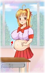 Rule 34 | 1girl, blonde hair, breasts, classroom, desk, highres, large breasts, mermaid melody pichi pichi pitch, nanami lucia, pregnant, window