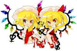 Rule 34 | 2girls, bad id, bad pixiv id, blonde hair, chibi, clone, fang, female focus, flandre scarlet, hat, mary janes, multiple girls, murasakiimo, one side up, ponytail, red eyes, shoes, short hair, side ponytail, thighhighs, touhou, wings