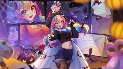 Rule 34 | 1girl, black gloves, black nails, blonde hair, blue eyes, blue hair, blue shorts, blurry, blurry foreground, blush, breasts, claw pose, cowboy shot, demon tail, fingerless gloves, gloves, halloween costume, hands up, heterochromia, highres, hyanna-natsu, jack-o&#039;-lantern, looking at viewer, medium breasts, midriff, mimi (picarto.tv), multicolored hair, nail polish, navel, open mouth, original, picarto.tv, pink hair, red eyes, shorts, slit pupils, smile, solo, tail, wide shot, wings